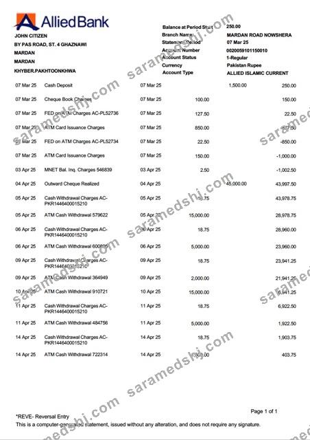 Pakistan Allied Bank Limited account statement Word and PDF template